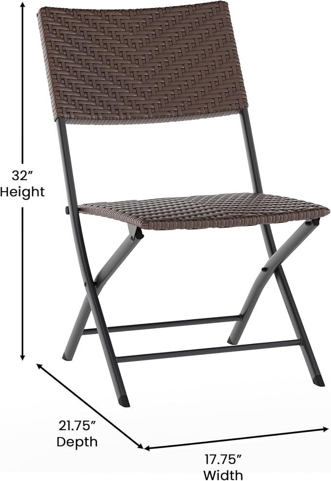 Flash Furniture Rouen Commercial Grade Folding Bistro Set, Indoor/Outdoor PE Rattan Table Top, Back and Seat, Black Steel Frames, 3 Piece Set, Brown/Black