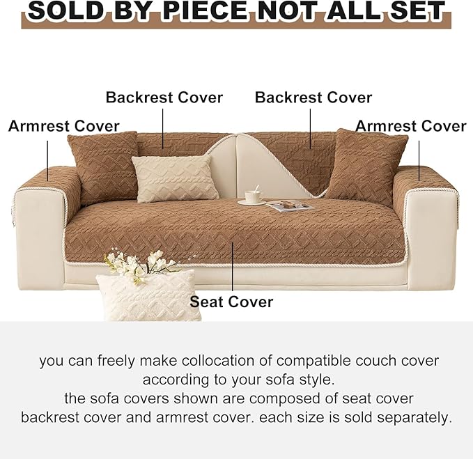 vctops Geometric Jacquard Plush Sofa Couch Covers Farmhouse Neutral Non Slip Sectional Couch Cover Soft Warm Sofa Slipcover for Dogs, Children, Pets Furniture Protector (Coffee,43"x63")