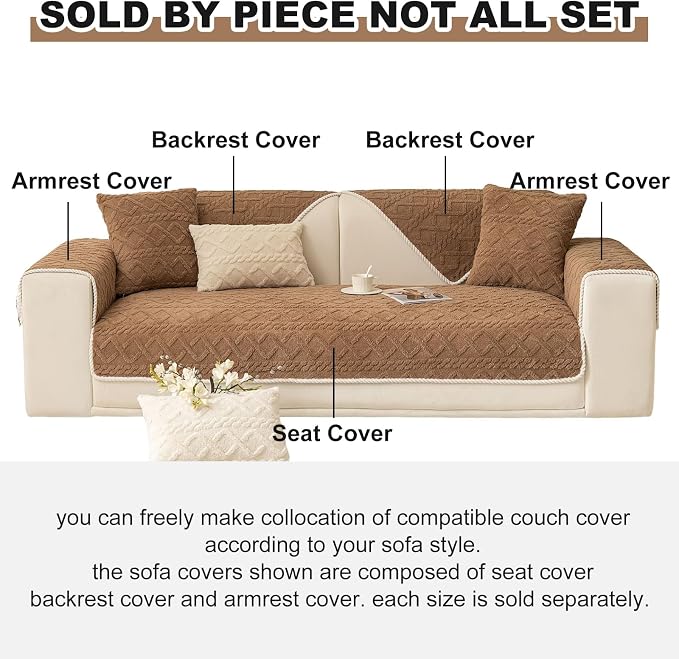 vctops Geometric Jacquard Plush Sofa Couch Covers Farmhouse Neutral Non Slip Sectional Couch Cover Soft Warm Sofa Slipcover for Dogs, Children, Pets Furniture Protector (Coffee,43"x94")