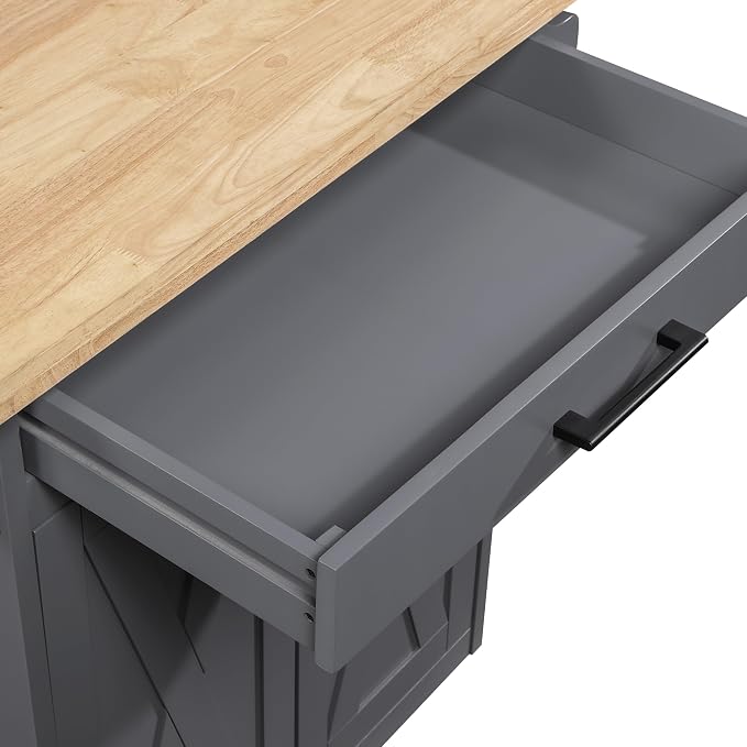 OSP Home Furnishings Bolten Farmhouse Kitchen Cart with Butcher Block Top, Rolling Island with Storage Cabinet and Drawer, 35.5H x 32W x 19D inches, Grey
