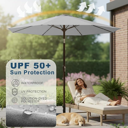 9' Solar LED Patio Umbrella with Tilt & Crank|8 Sturdy Ribs,UV Protection,Outdoor Market Table Umbrella for Deck,Lawn,Pool,Backyard(Light Gray)