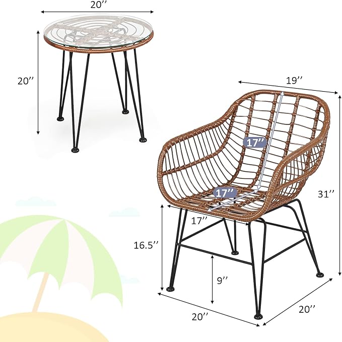 Tangkula 3 Pieces Patio Conversation Bistro Set, Outdoor Wicker Furniture w/Round Tempered Glass Top Table & 2 Rattan Armchairs, Bistro Chat Set w/Seat Cushions for Porch, Backyard, Garden