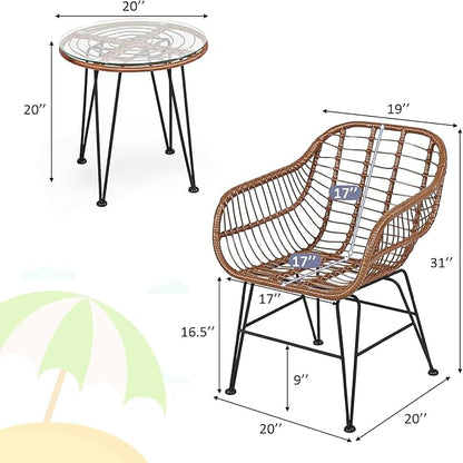 Tangkula 3 Pieces Patio Conversation Bistro Set, Outdoor Wicker Furniture w/Round Tempered Glass Top Table & 2 Rattan Armchairs, Bistro Chat Set w/Seat Cushions for Porch, Backyard, Garden