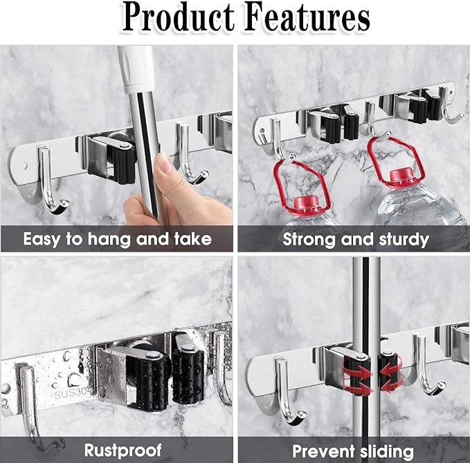 AceMining Broom Holder Wall Mount, 2 Racks 3 Hooks Heavy Duty Mop Organizer | Mop Holder Wall Mount and Broom Hanger for Garage, Laundry Room, Kitchen and Utility Storage