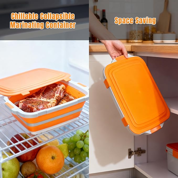 BBQ Prep Tub with Lid and Cutting Board - Collapsible Barbecue Tool Set for Marinating, Grilling, BBQ Prep Station for Outdoor Cooking, Camping Kitchen Accessories & Barbecue Utensils, X-Large Orange