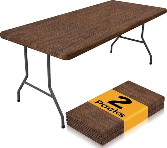 Smiry 2 Pack Rectangle Table Cloth 4 Foot, Waterproof Elastic Fitted Tablecloths, Windproof Washable Polyester Table Cover for Picnic, Camping, Outdoor (Brown, 30"x48")