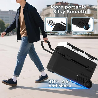 AS 12 Volt Refrigerator, 63QT(60L) Dual Temperature Zone Electric Cooler with Wheels, Portable Freezer 12V/24V DC 110-240V AC, -4℉-68℉ Car Fridge for Car, Marine, Home, Outdoor, etc