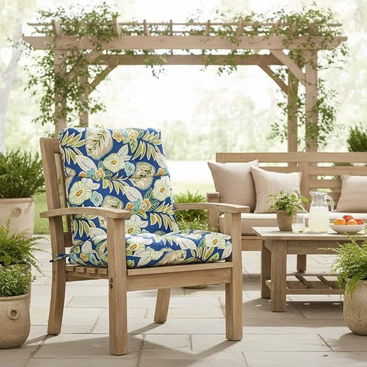 Outdoor Tufted High-Back Chair Cushions, One-Piece Hinged Seat and Back Design, Reversible with 4 Ties, Durable Polyester Fabric, Recycled Fiber Fill - Single, Marlow Blue Floral