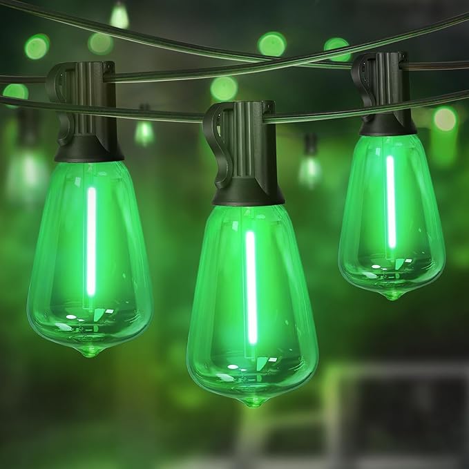 LAMPHOME Outdoor String Lights, Green Patio Lights Waterproof 26FT ST38 12+1Shatterproof Connectable LED Edison Bulbs, Hanging Lights for St. Patrick's Day Backyard Garden Porch Christmas Bistro Decor
