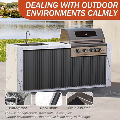 Outdoor Kitchen Cabinet with BBQ - Large Kitchen Cabinet with Slate Countertop Includes Barbecue Grill,Table Includes Stainless Steel Sink & Storage Space(62.99IN)