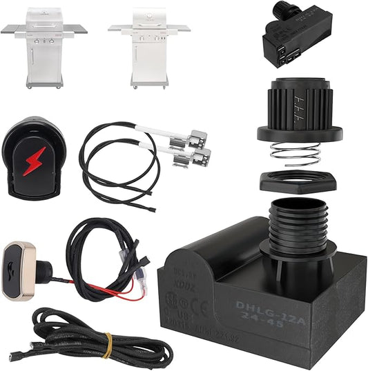 DHLG-12 Grill Igniter Kit G511-0055-W1 for Charbroil Ignitor Replacement, G350-0017-W1 2 Outlet BBQ Electronic Ignition Module with Wires and 2 Igniter Buttons for Charbroil Surefire Ignition Systems
