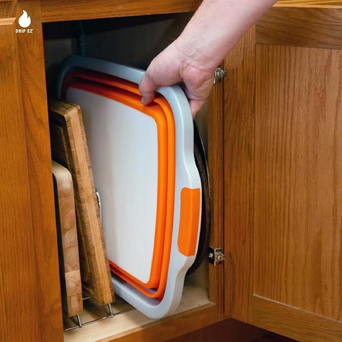 Drip EZ Collapsible BBQ Prep Tub - For Meal Prep Marinating Food Storage - Includes Cutting Board & Locking Lid - (1) XL - Orange