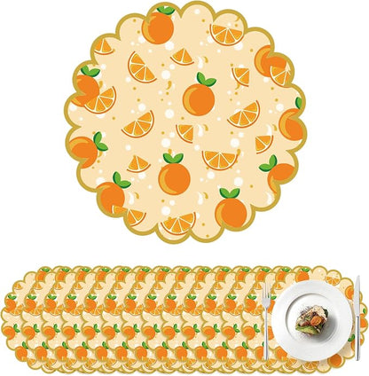 100 Pcs Orange Paper Placemats Orange Fruit Place Mats 13.5 Inch Disposable Round Decorative Dining Table Mat with Scalloped Edge for Spring Summer Picnic BBQ Birthday Bridal Wedding Party Supplies