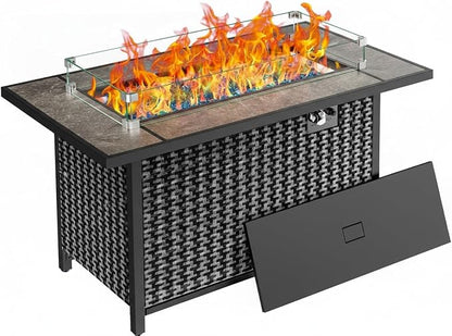 Ciays 43″ Fire Pit Table, with Ceramic Tabletop for Outside Patio & Party | Premium Ceramic Tabletop; Includes Glass Wind Guard & Lid & Glass Rocks; 50,000 BTU Heat; CSA Certified