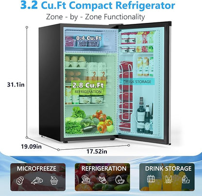 COWSAR 3.2 Cu.Ft Dorm Fridge with Freezer, Single Reversible Door Compact Refrigerator, Adjustable Thermostat, 2 Removable Shelves, Commercial Drink Fridge for Bedroom, Office, Kitchen, Dorm, Silver