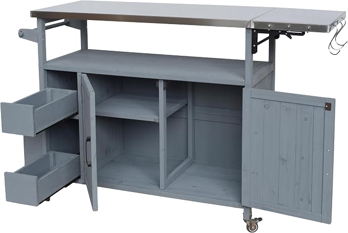 Christopher Knight Home Edsel Outdoor Bar Cart with Stainless Steel Top and Lockable Wheels, Solid Wood Outdoor Storage Cabinet, Kitchen Island Serving Cart for Poolside, Garden, Blue Gray