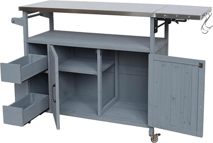 Christopher Knight Home Edsel Outdoor Bar Cart with Stainless Steel Top and Lockable Wheels, Solid Wood Outdoor Storage Cabinet, Kitchen Island Serving Cart for Poolside, Garden, Blue Gray