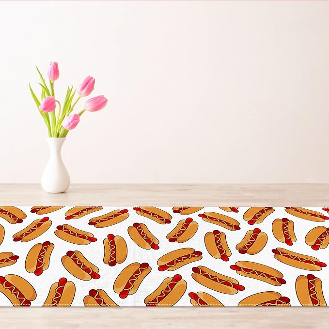 Vohado Hot Dog Table Runner Hot Dog Birthday Party Decoration Sausage Food BBQ Dining Room Home Kitchen Island Decor