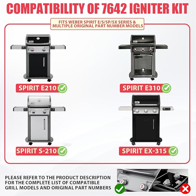 7642 Igniter Kit Replacement for Weber Ignition 69850 Weber Spirit Parts for Weber Spirit 210 & 310 SER, Spirit E310, E315,E210, E215, S210, S315 w/ Up Front Control Panels SP310, SX315 SMART Grills