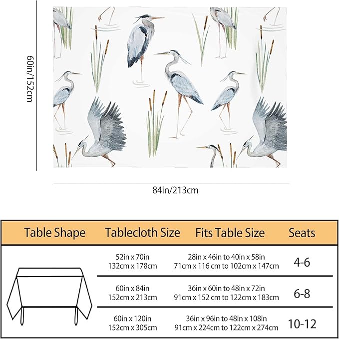 TKS MITLAN Tablecloth Grey Heron Table Cloth Rectangle Table 60 x 84 Inch Birds Reeds River Chinese Style Kitchen Decorations for Home Dinner Party