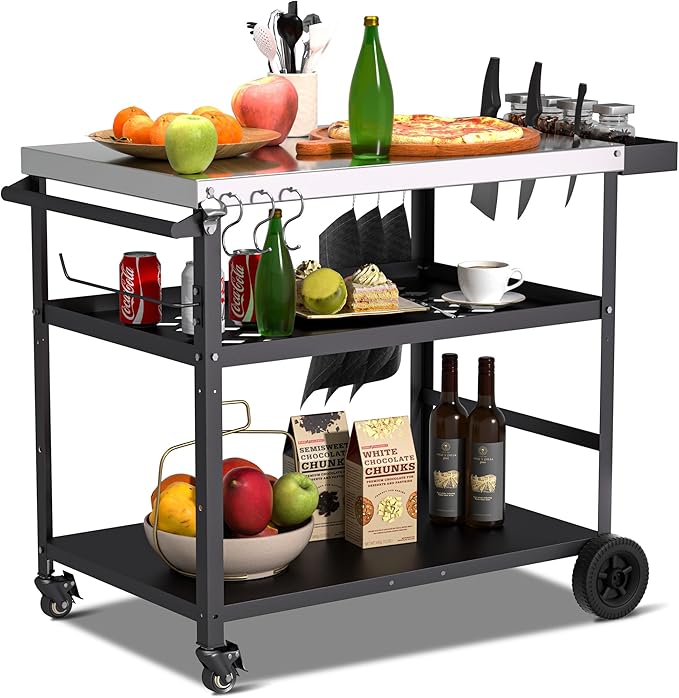Spurgehom Outdoor Grill Cart, Pizza Oven Stand Table with Wheels Dining Cart for Outside Patio, Movable Kitchen Cooking Prep Table BBQ Cart with Mesh Racks for Home Party, Bar, Camping