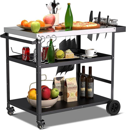 Spurgehom Outdoor Grill Cart, Pizza Oven Stand Table with Wheels Dining Cart for Outside Patio, Movable Kitchen Cooking Prep Table BBQ Cart with Mesh Racks for Home Party, Bar, Camping