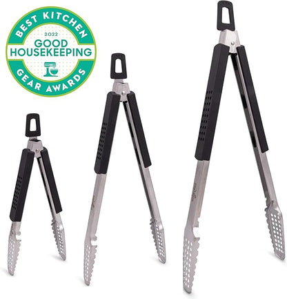 Dropkick Your Old Tongs, GRILLHOGS 9-Inch 2 Pack Barbecue Tongs Are the Only Equipment That Can Handle Your Massive Meat, Stainless Steel + Soft Grip, Dishwasher Safe, Premium Grill Tongs