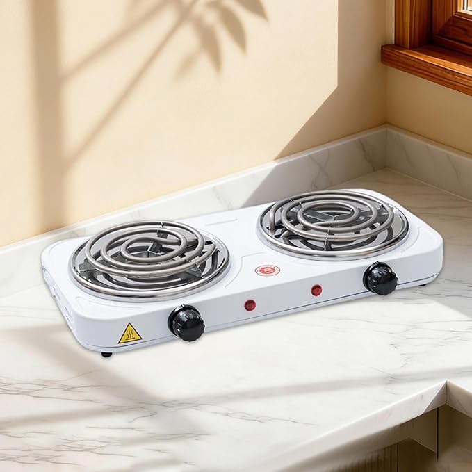 Countertop Double Burner Adjustable Temperature Kitchen Small Appliance Professional 2000W for Braising Scrambling Steaming, Heating Tube
