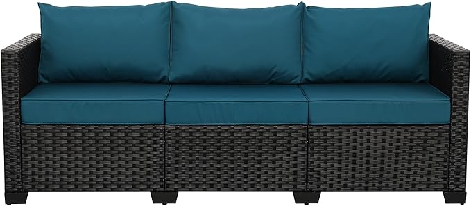 Rattan Star Outdoor Furniture Couch 3 Seater Sofa Outdoor Wicker Sofa Deep Seat High Backrest Patio Couch with Non-Slip Cushions Waterproof Cover, Peacock Blue