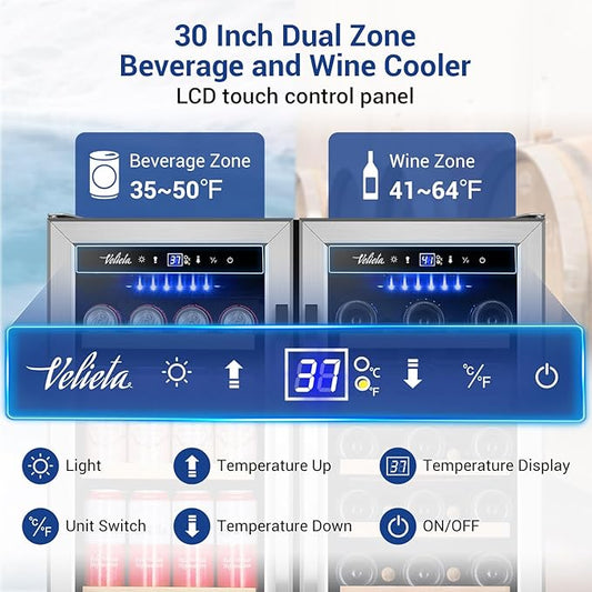 Wine and Beverage Refrigerator 30 Inch, Upgrade Dual Zone Wine Cooler, 30'' Wine beverage Fridge Built in or Freestanding Under Counter Large Capacity Glass Door Advanced Cooling System