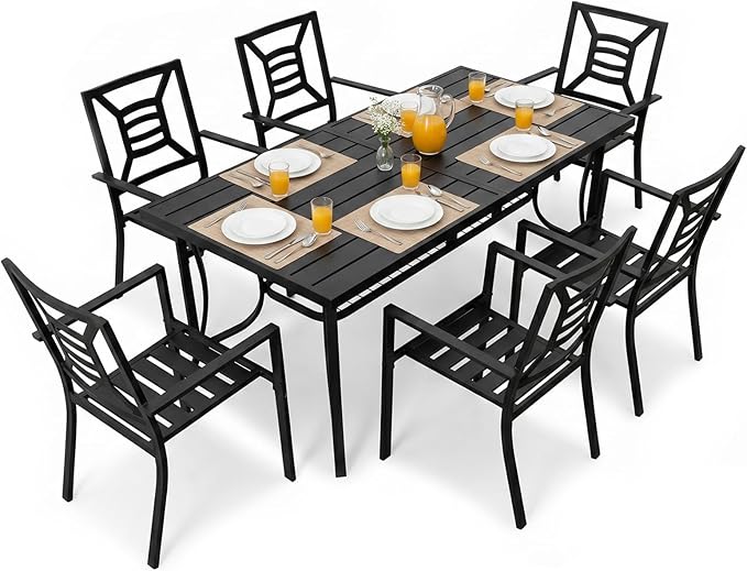 7 Pieces Patio Dining Set for 6, Large 77" Outdoor Metal Table with Universa Umbrella Hole & Stackable Iron Chairs, Patio Furniture Set for Deck, Backyard, Yard, Porch