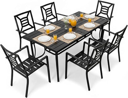 7 Pieces Patio Dining Set for 6, Large 77" Outdoor Metal Table with Universa Umbrella Hole & Stackable Iron Chairs, Patio Furniture Set for Deck, Backyard, Yard, Porch