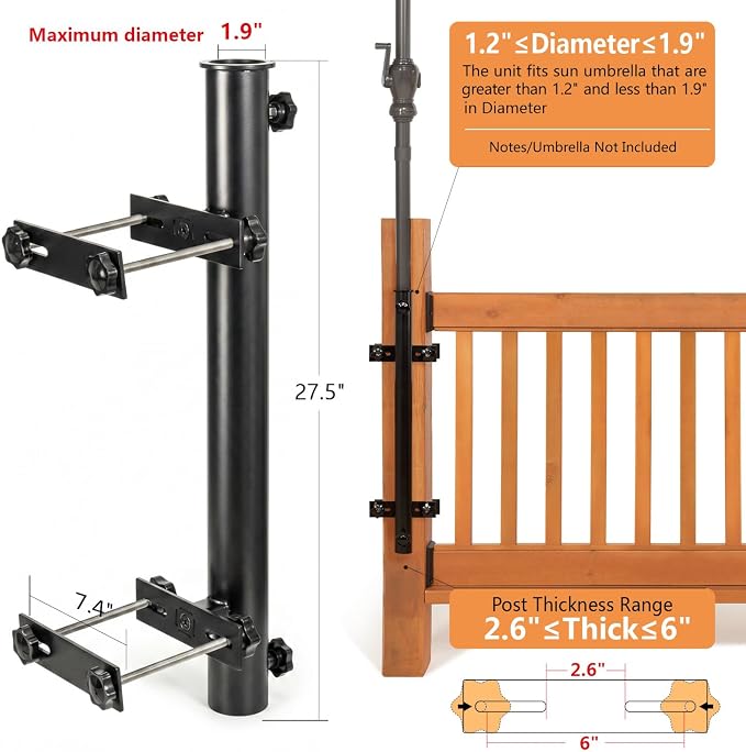 304 Stainless Steel Patio Umbrella Holder, Deck Umbrella Mount, Post Black | Easy Installation, Sturdy, Fits Umbrellas up to 1.9", Save Space, Railing Mounting Brackets, Heavy Duty Outdoor Umbrella Base