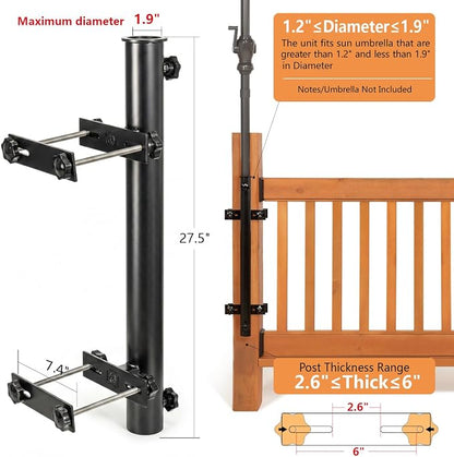 304 Stainless Steel Patio Umbrella Holder, Deck Umbrella Mount, Post Black | Easy Installation, Sturdy, Fits Umbrellas up to 1.9", Save Space, Railing Mounting Brackets, Heavy Duty Outdoor Umbrella Base