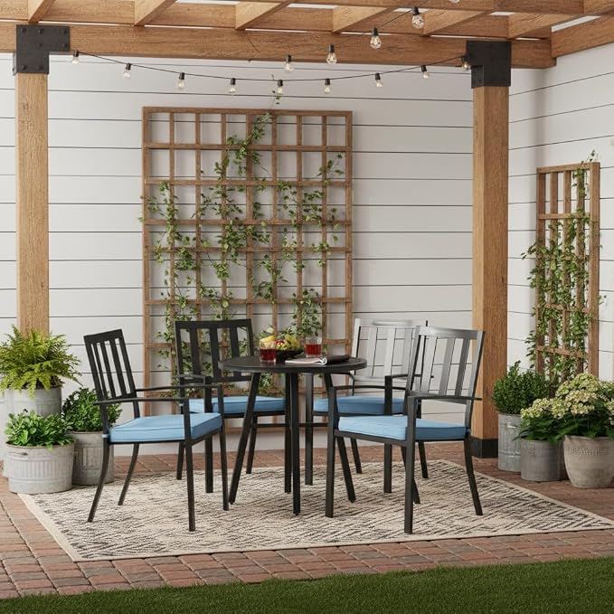 Outdoor 18 inch Square Patio Dining Chair Pads – Comfortable Fiber-Filled Seat Cushions with Ties, Reversible Polyester Fabric - Denim, Set of 4