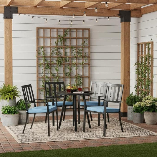 Outdoor 18 inch Square Patio Dining Chair Pads – Comfortable Fiber-Filled Seat Cushions with Ties, Reversible Polyester Fabric - Denim, Set of 4