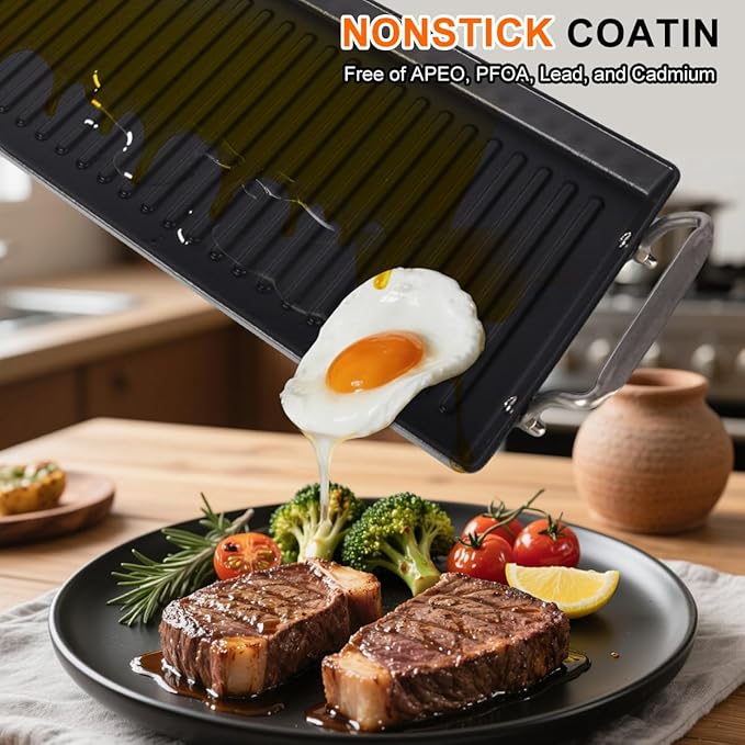 Pre-Seasoned Cast Iron Griddle for Gas Grill, 26.7"x8.6" Ribbed Flat Top Grill Plate for Double Burner, Durable for Gas/Electric/Charcoal Grills, for Stovetop, Camping & BBQ