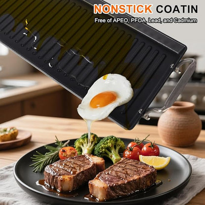 Pre-Seasoned Cast Iron Griddle for Gas Grill, 26.7"x8.6" Ribbed Flat Top Grill Plate for Double Burner, Durable for Gas/Electric/Charcoal Grills, for Stovetop, Camping & BBQ
