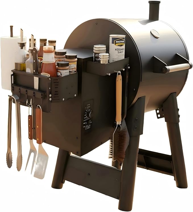 Magnetic Grill Storage Bin for Traeger Ironwood & Pro, Double-Fix Smoker Organizer with Large Paper Towel Rack, Probe Box & Hooks, Black, Heavy Duty BBQ Accessories for Pit Boss