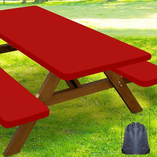 Smiry Picnic Table Cover with Bench Covers, Waterproof Elastic Fitted Polyester Tablecloths for 6 Ft Rectangle Tables, Washable Windproof Tablecloth for Camping, RV & Outdoor (Red, 30x72 Inches)