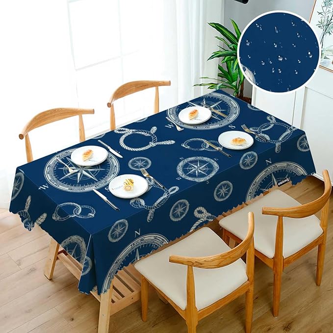 Swono Compass Table Covers 52x70 Inch Vintage World Map Wind Rose Rope Knot Nautical Compass Tablecloth Kitchen Dinning Tabletop Decoration, Blue Table Cloth for Outdoor and Indoor Use