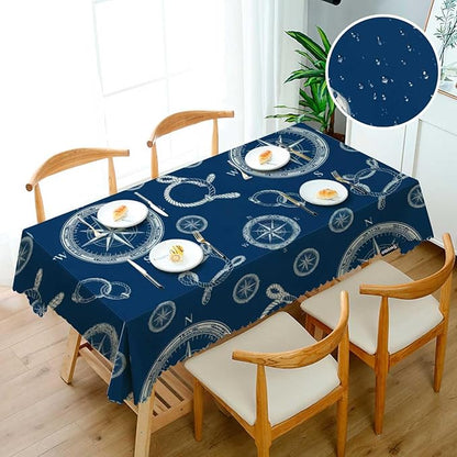 Swono Compass Table Covers 52x70 Inch Vintage World Map Wind Rose Rope Knot Nautical Compass Tablecloth Kitchen Dinning Tabletop Decoration, Blue Table Cloth for Outdoor and Indoor Use
