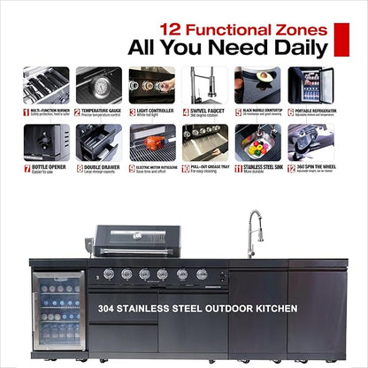 4 Burner Outdoor Kitchen Island with Grill and Side Burner, 72000 BTU Deluxe Stainless Steel Modular Outdoor Kitchen, Gas Propane BBQ Island with Refrigerator, 2 Doors Sink, Rotisserie, 104"W, Black