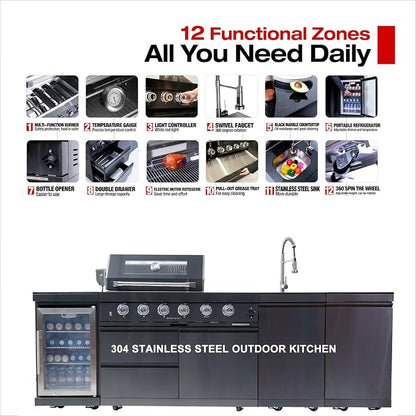 4 Burner Outdoor Kitchen Island with Grill and Side Burner, Deluxe Stainless Steel Modular Outdoor Kitchen, 72000 BTU, Gas Propane BBQ Island with Refrigerator, 2 Doors Sink, Rotisserie, 104"W, Black