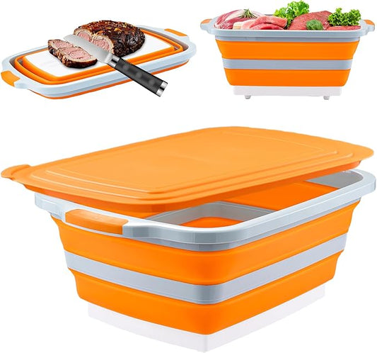 BBQ Prep Tub with Lid and Cutting Board - Collapsible Barbecue Tool Set for Marinating, Grilling, BBQ Prep Station for Outdoor Cooking, Camping Kitchen Accessories & Barbecue Utensils, XX-Large Orange