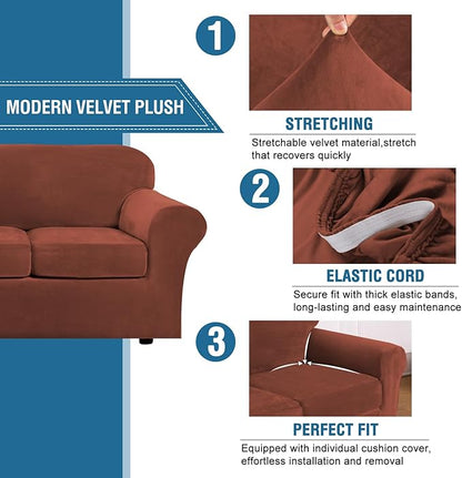 H.VERSAILTEX Real Velvet Plush 3 Piece Stretch Sofa Covers Couch Covers for 2 Cushion Couch Sofa Slipcovers (Base Cover Plus 2 Large Cushion Covers) Thick Soft Stay in Place (Large Sofa, Rust