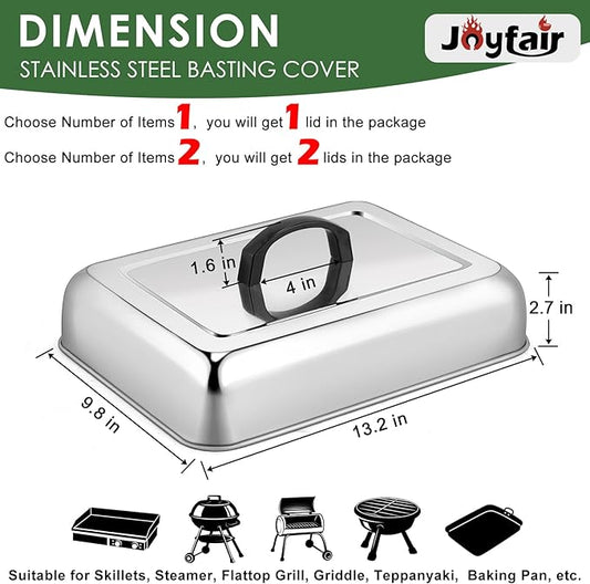 1Piece Basting Cover Melting Dome for Griddle (13 x 9.8"), Joyfair Rectangular Stainless Steel Cheese Melt Lid for Outdoor Flat Top Grill, Heat-Resistant Handle & Dishwasher Safe (No Vent)