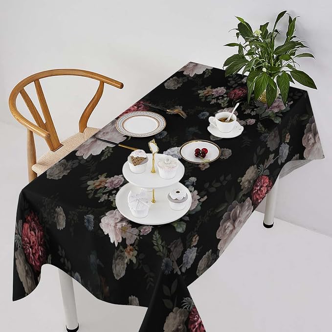 Vintage Florals Tablecloth, Black Pink Garden Gothic Flowers Rustic Roses Boho Botanical Plant Water Resistant Wipeable Table Cover for Picnic Party Holiday Kitchen Dinner Table 55"x55"