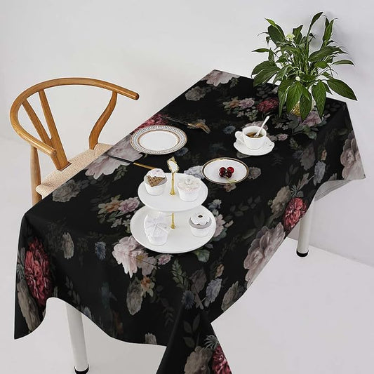 Vintage Florals Tablecloth, Black Pink Garden Gothic Flowers Rustic Roses Boho Botanical Plant Water Resistant Wipeable Table Cover for Picnic Party Holiday Kitchen Dinner Table 55"x55"
