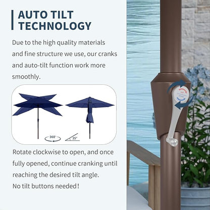 PatioKingdom Auto-Tilt 9FT Patio Umbrella Outdoor with 8 Sturdy Fiberglass Ribs,Market Table Umbrella for Pool,Backyard,Deck and Garden (Navy)